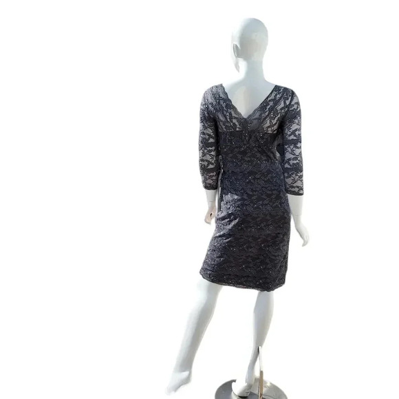 Cache' Gray Sequin Lace Layered V-Neck Sheath Lined Cocktail Dress, Size 8 - Picture 4 of 12